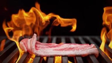 烤肉，烧烤烤肉中烤肉的特写。烤架上煮得好吃极了.烤架上的一块油炸肉.
